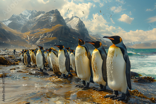 king penguin colony on the rocks photo