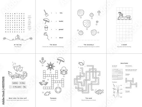 Set of seven games on the theme of the sea. Game and coloring page for kids. English language. Vector illustration. Set No. 2.	