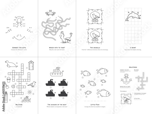 Set of seven games on the theme of the sea. Game and coloring page for kids. English language. Vector illustration. Set No. 1.	