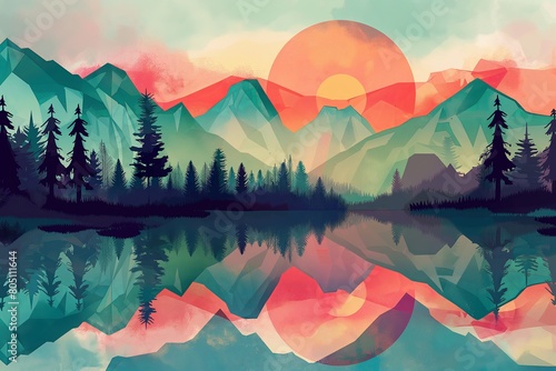 trees, mountains, and water into basic geometric forms and vivid colors #805111644