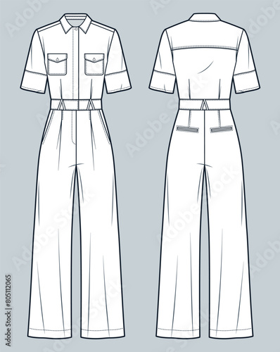 Jumpsuit technical fashion Illustration. Casual Jumpsuit fashion flat technical drawing template, relaxed fit, pocket, button, short sleeve, front and back view, white, women, men, unisex CAD mockup.