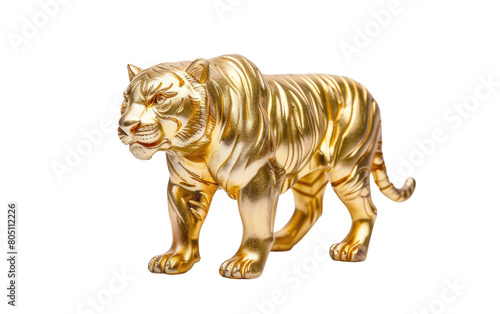 Glistening Golden Tiger Sculpture Set Apart on White Surface, Radiant Golden Tiger Ornament, Copy Space © Usama