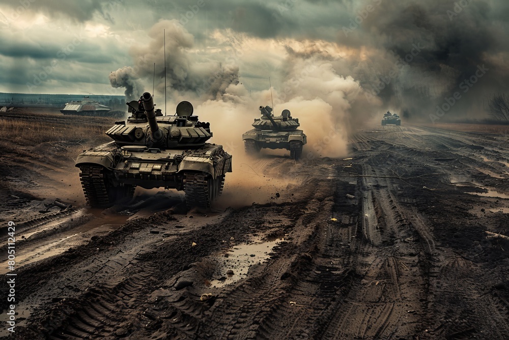 Powerful tanks advancing through ravaged landscape, ready to unleash unstoppable force