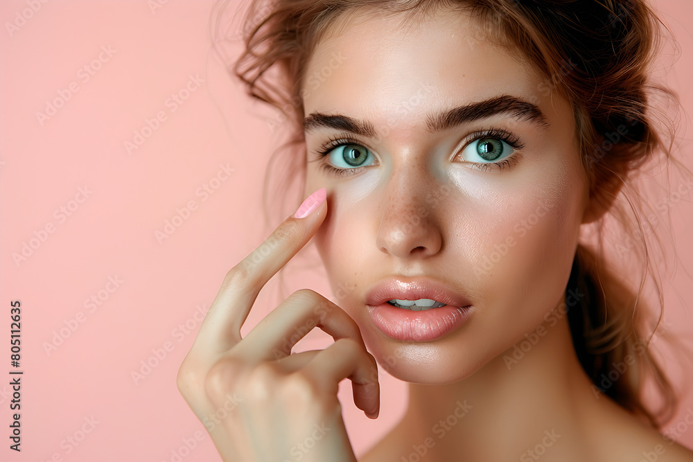 Smiling Woman Demonstrating Flawless Complexion and Pointing Up, Space for Marketing Copy, Skincare Beauty Background Smiling Woman Demonstrating Flawless Complexion and Pointing Up, Space for Marketing Copy, Skincare Beauty Background
