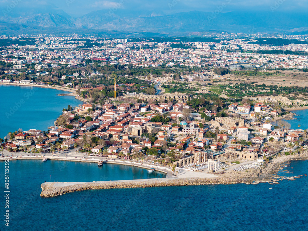 Aerial View of Side Peninsula, Antalya, Turkey, Showcasing Coastal Beauty and Historical Ruins Aerial View of Side Peninsula, Antalya, Turkey, Showcasing Coastal Beauty and Historical Ruins