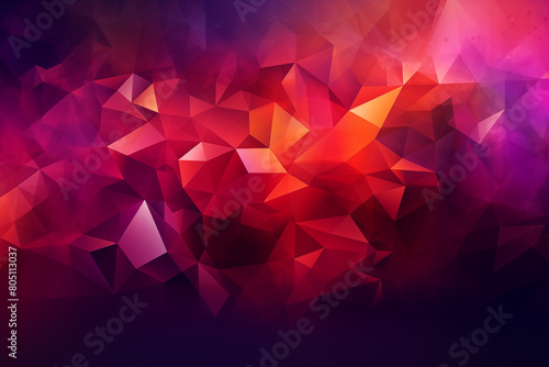 Abstract background with low poly triangles in purple and red colors. Modern geometric wallpaper design for banner, poster or presentation.
