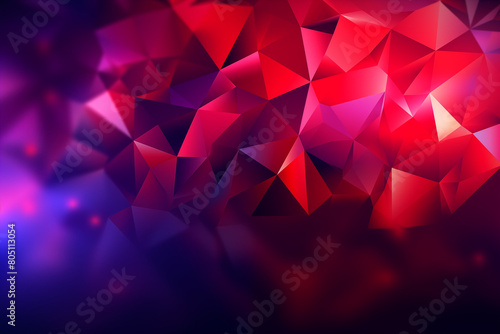Abstract background with low poly triangles in purple and red colors. Modern geometric wallpaper design for banner, poster or presentation.