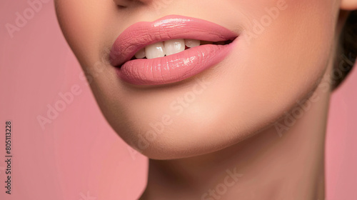 Close up of womans face on pink background