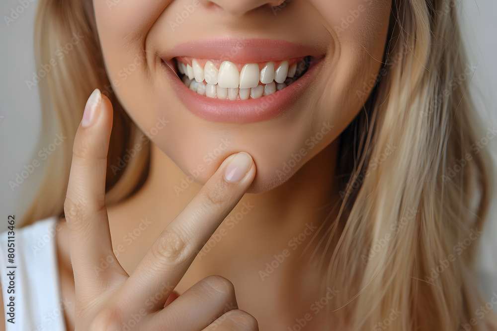 Smiling Woman Showcasing Her Brilliant White Teeth, Ideal for Oral Health Campaigns, with Expansive Space for Marketing Text. Smiling Woman Showcasing Her Brilliant White Teeth, Ideal for Oral Health Campaigns, with Expansive Space for Marketing Text.