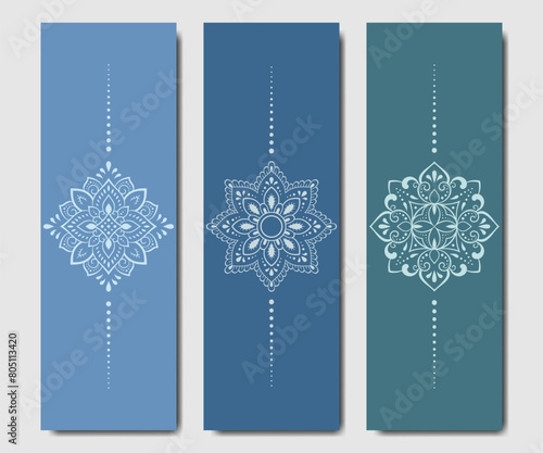 Set of design yoga mats. Lotus floral pattern, mandala in oriental style for decoration sport equipment. Colorful ethnic Indian ornaments for spiritual serenity. Decor of card, poster, print.
