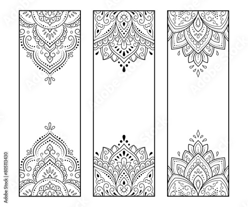 Printable bookmark for book - coloring. Set of black and white labels with flower patterns, hand draw in mehndi style. Sketch of ornaments for creativity of children and adults with colored pencils.