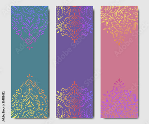 Set of design yoga mats. Lotus floral pattern, mandala in oriental style for decoration sport equipment. Colorful ethnic Indian ornaments for spiritual serenity. Decor of card, poster, print.