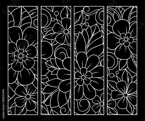 Printable bookmark for book - coloring. Set of black and white labels with flower patterns, hand draw in mehndi style. Sketch of ornaments for creativity of children and adults with colored pencils.