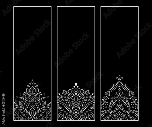 Printable bookmark for book - coloring. Set of black and white labels with flower patterns, hand draw in mehndi style. Sketch of ornaments for creativity of children and adults with colored pencils.