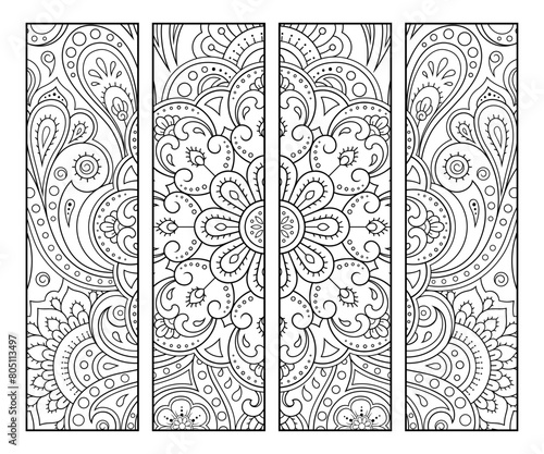 Printable bookmark for book - coloring. Set of black and white labels with flower patterns, hand draw in mehndi style. Sketch of ornaments for creativity of children and adults with colored pencils.