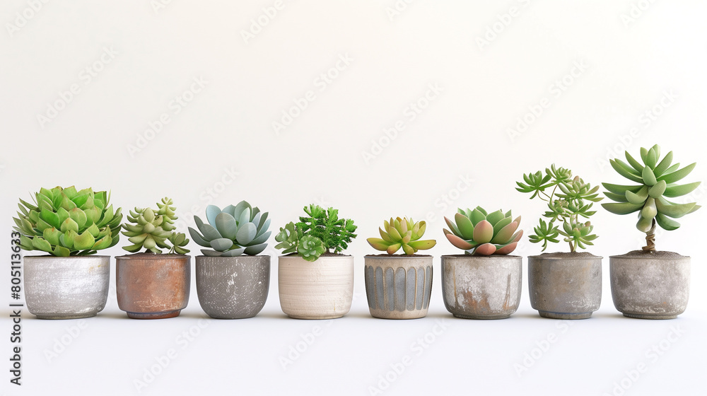pots of the same height in which beautiful small plants grow are lined up in a row on a white background, aesthetic beauty and freshness pots of the same height in which beautiful small plants grow are lined up in a row on a white background, aesthetic beauty and freshness