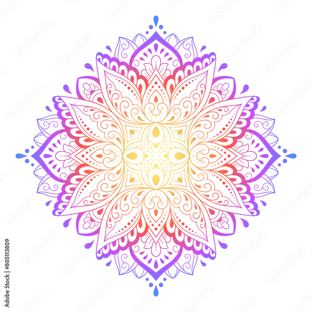 Circular pattern in form of mandala with flower for Henna, Mehndi, tattoo, decoration. Decorative ornament in ethnic oriental style. Rainbow pattern on white background. Circular pattern in form of mandala with flower for Henna, Mehndi, tattoo, decoration. Decorative ornament in ethnic oriental style. Rainbow pattern on white background.