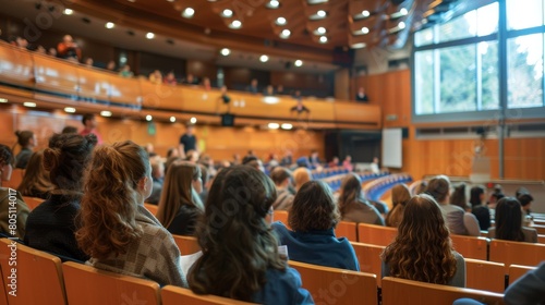 Engaged Audience: Rear View of Students Watching a Speaker in a Lecture Room