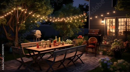 A backyard garden party with a barbecue grill  picnic tables  and twinkling string lights  creating a festive atmosphere for a birthday celebration.