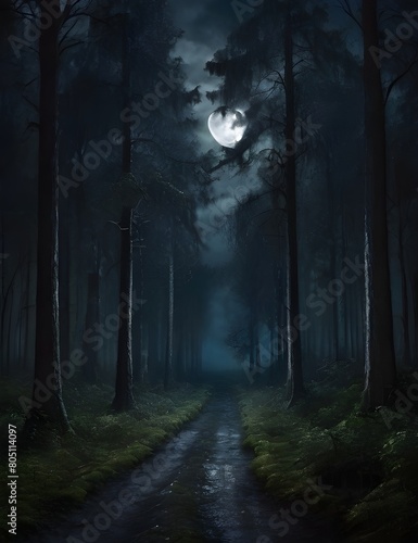 A dark gloomy forest in a moonlight night