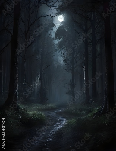 A dark gloomy forest in a moonlight night