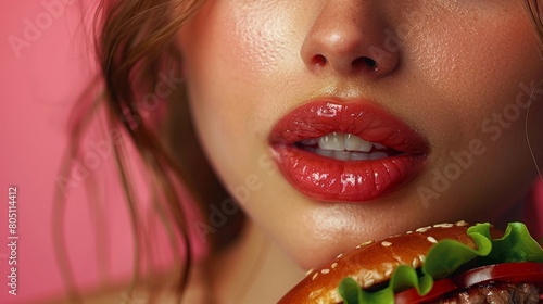 Close-up on glossy lips savoring a plant-based meat burger, highlighting the flavors of dining, Concept of gustatory pleasure, fast food enjoyment photo