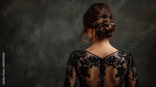 Young Slender Girl Showcased in a Stylish Black Lace Evening Gown