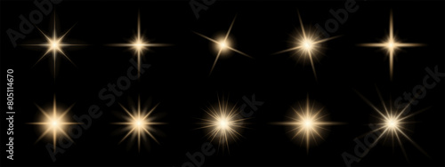 Set of Glittering vector particles on black background. Golden sparkling lights. Christmas Holiday glow particle. Magic star effect. Star dust sparkling particles. Vector EPS 10