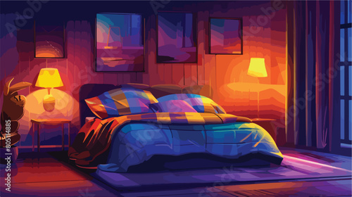 Interior of bedroom with plaid on bed and glowing lam © Jasmin
