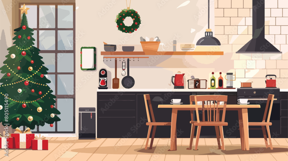 Interior of kitchen with Christmas tree and dining 
