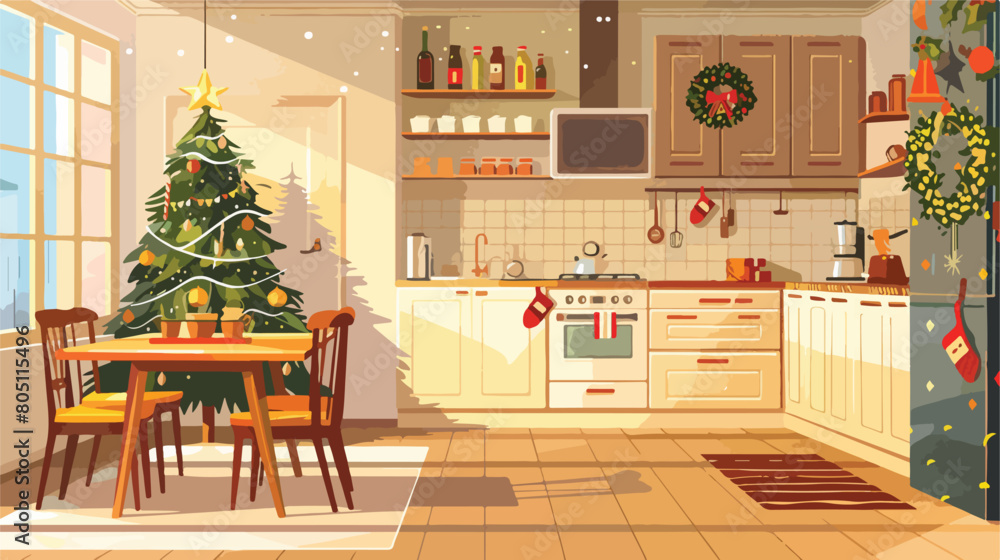Interior of kitchen with Christmas tree and dining 