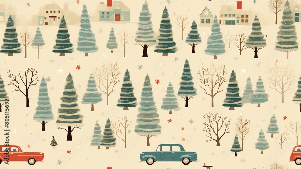 A seamless pattern of a snowy forest with houses and cars in a retro style. A seamless pattern of a snowy forest with houses and cars in a retro style.
