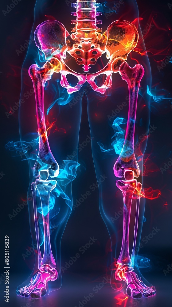 Colorful artistic rendering of human legs and hips with bones and muscles in vibrant colors against a dark background.