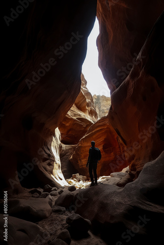 a silhouetted figure exploring a captivating canyon with smooth  eroded walls under ethereal lighting