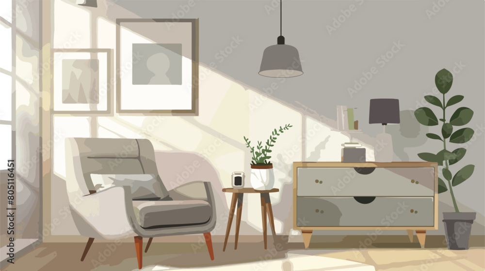 Interior of light living room with cozy grey armchair