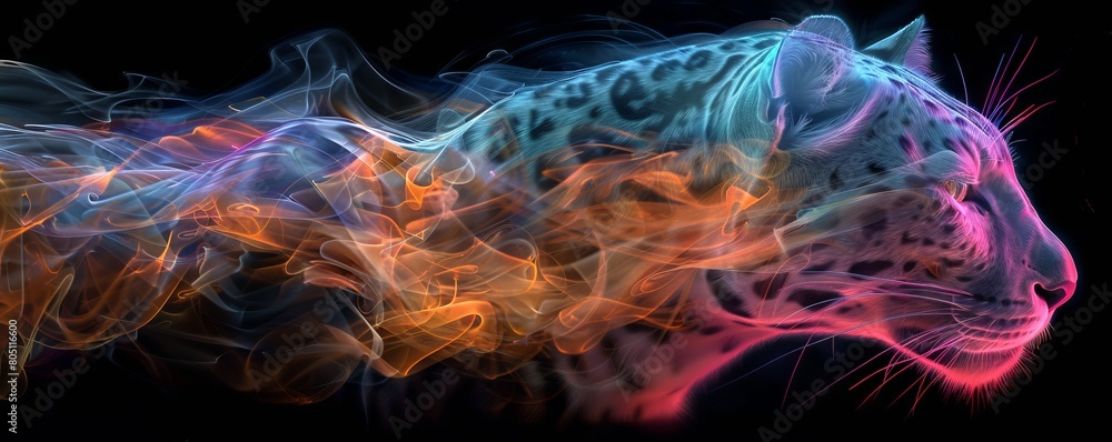 The image shows a colorful panther, made of smoke, running in the dark.