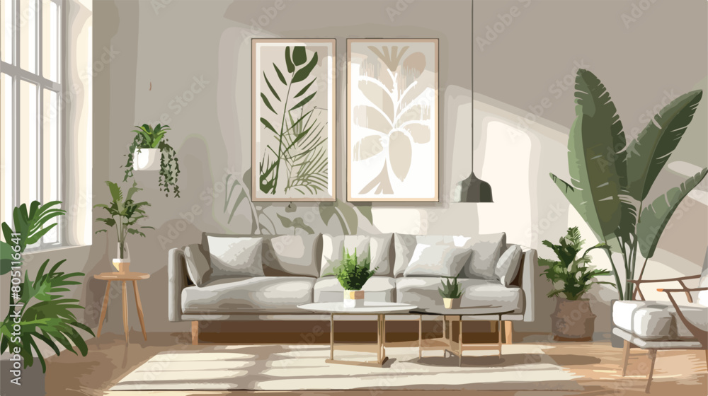 Interior of light living room with grey sofa coffee t