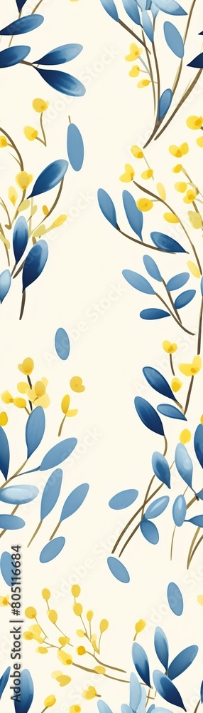 A watercolor painting of blue and yellow flowers and leaves on a beige background. A watercolor painting of blue and yellow flowers and leaves on a beige background.