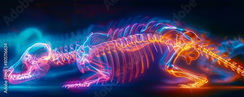 The image shows a colorful skeleton of a dog. The background is black with a blue and orange light on the dog. © PTC_KICKCAT