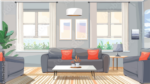 Interior of light living room with grey sofas and cof