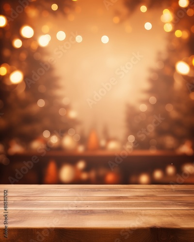 A wooden table against a blurred background of a restaurant with a warm, inviting atmosphere. © tohceenilas