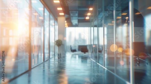 Beautiful blurred background of a light modern office interior with panoramic windows and beautiful lighting. hyper realistic 