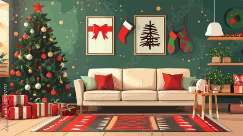 Interior of living room with Christmas tree gift boxe photo