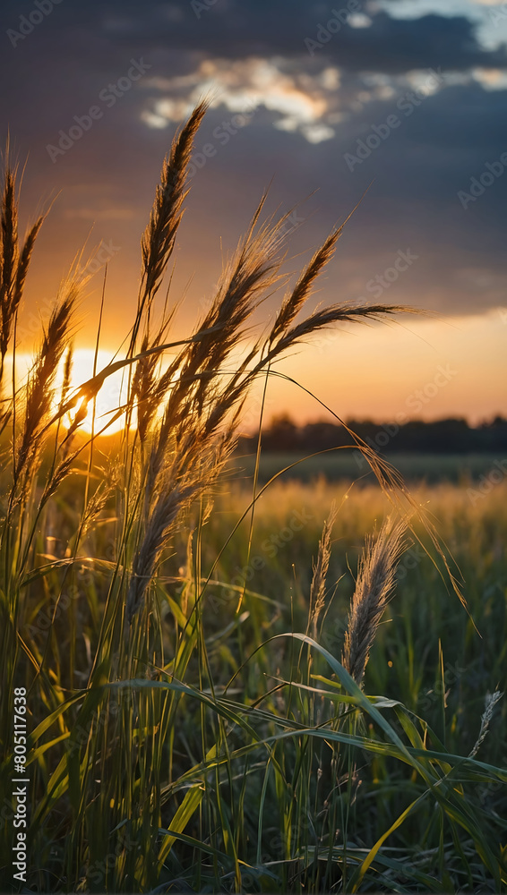 Savor the tranquility of a summer morning or evening, a scenic panorama of a rustic pastoral landscape, where tall, colorful grasses sway gracefully in the tranquil glow of sunrise or sunset. Savor the tranquility of a summer morning or evening, a scenic panorama of a rustic pastoral landscape, where tall, colorful grasses sway gracefully in the tranquil glow of sunrise or sunset.