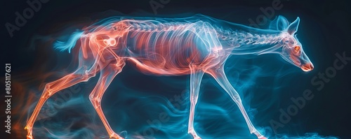 The image shows a skeleton of a horse with its muscles and tendons highlighted. The image is in blue and orange. photo