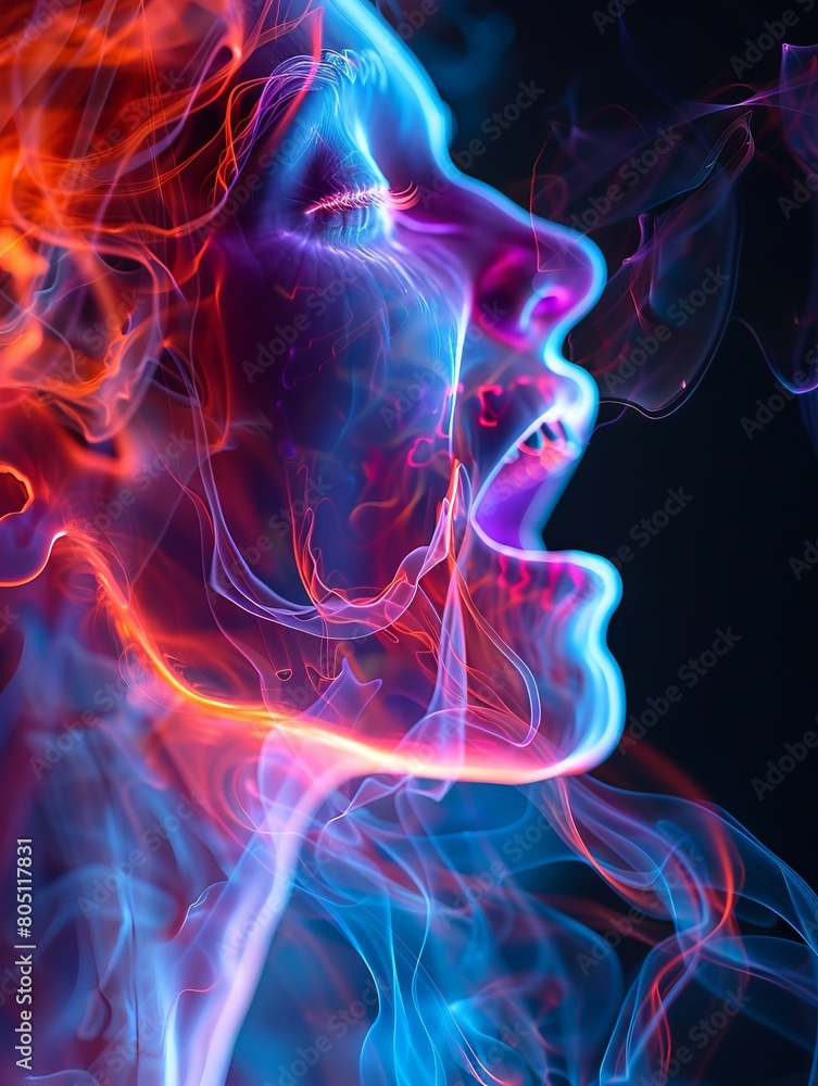 The image shows a woman's face made of colorful smoke. The colors are vibrant and the image has a surreal feel to it. The image shows a woman's face made of colorful smoke. The colors are vibrant and the image has a surreal feel to it.