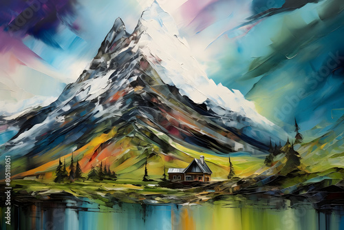 mystical mountain peak nestled in farmhouse, abstract landscape art, painting background, wallpaper photo