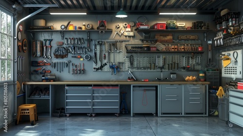 Clean and organized garage with tools hyper realistic  photo