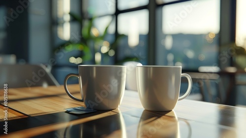 Close up cups of coffee or tea on the table in the office in the background. AI generated image hyper realistic  photo