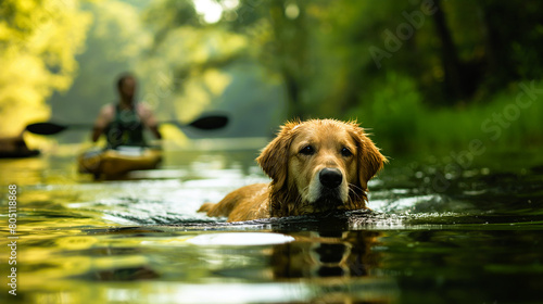 A golden retriever swimming in a lake. Generative ai illustration. photo